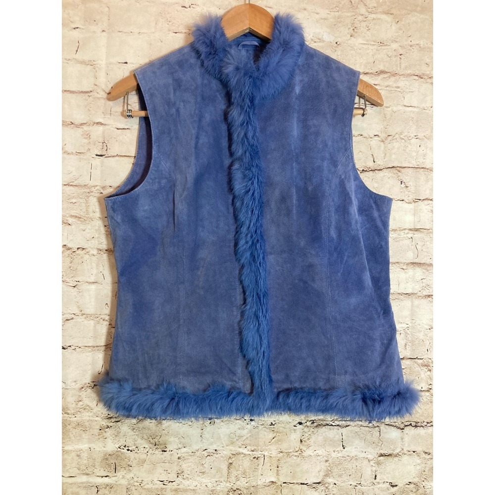 Revue Leather Vest Womens 8 Periwinkle 100% Leather with Rabbit Fur Trim Zip
